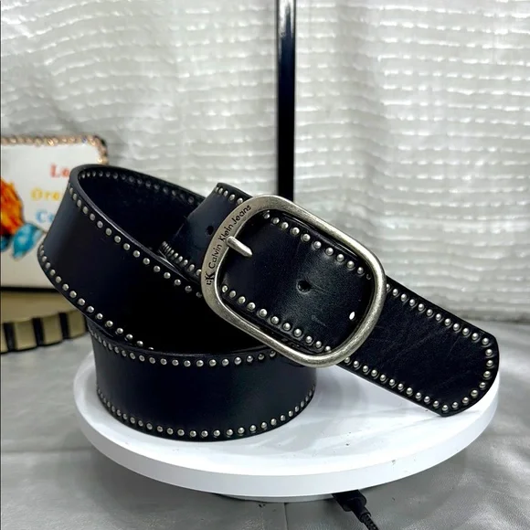 Calvin Klein Black Leather Belt with Silver Stud Trim Calvin Klein Black Silver Studded Belt. Size 1X Genuine  main image 2